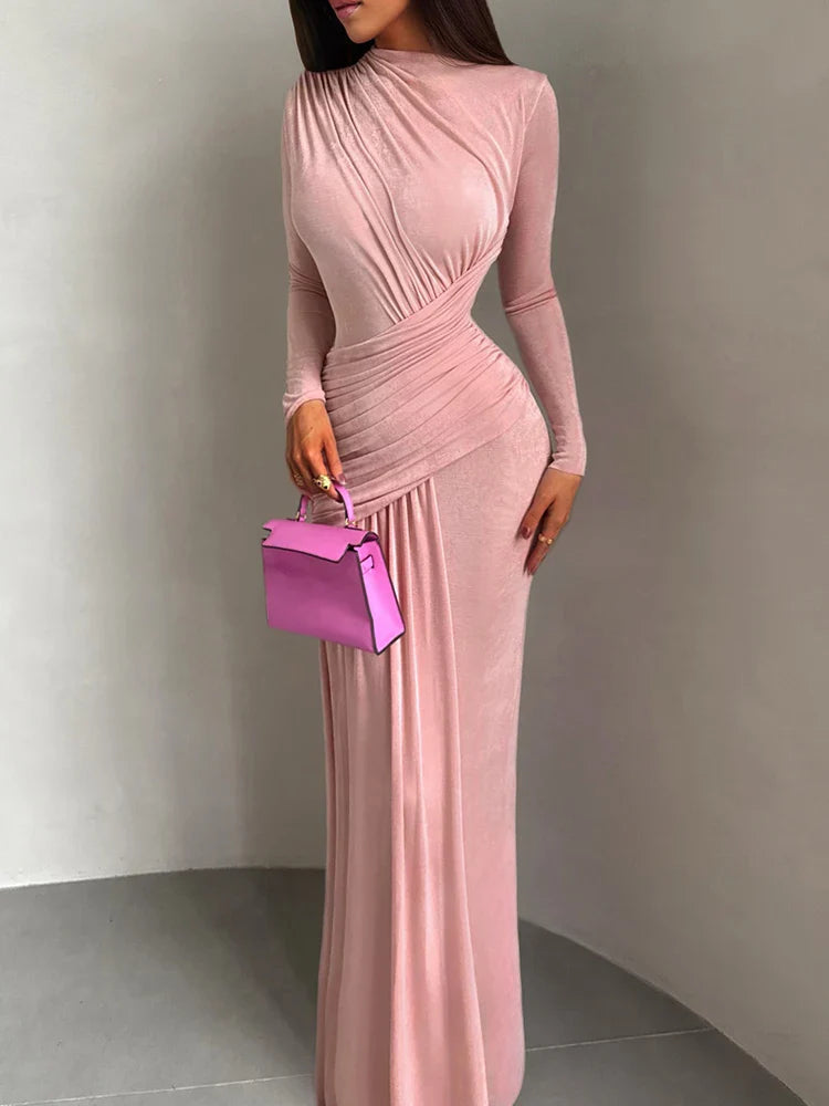 Blush Pink Ruched Drape Maxi Dress | Long Sleeve Formal Gown