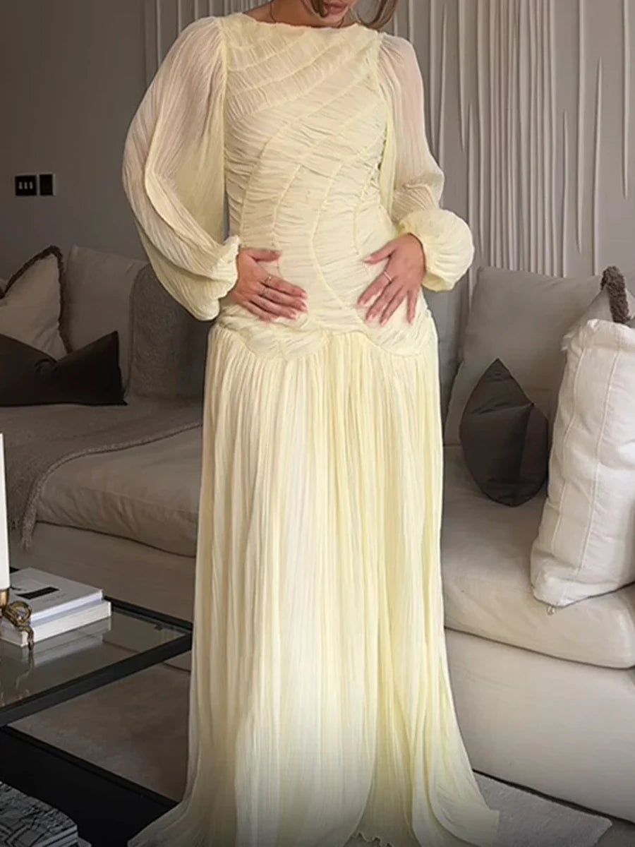 Soft Yellow Pleated Maxi Dress | Long Sleeve Elegant Lounge Look