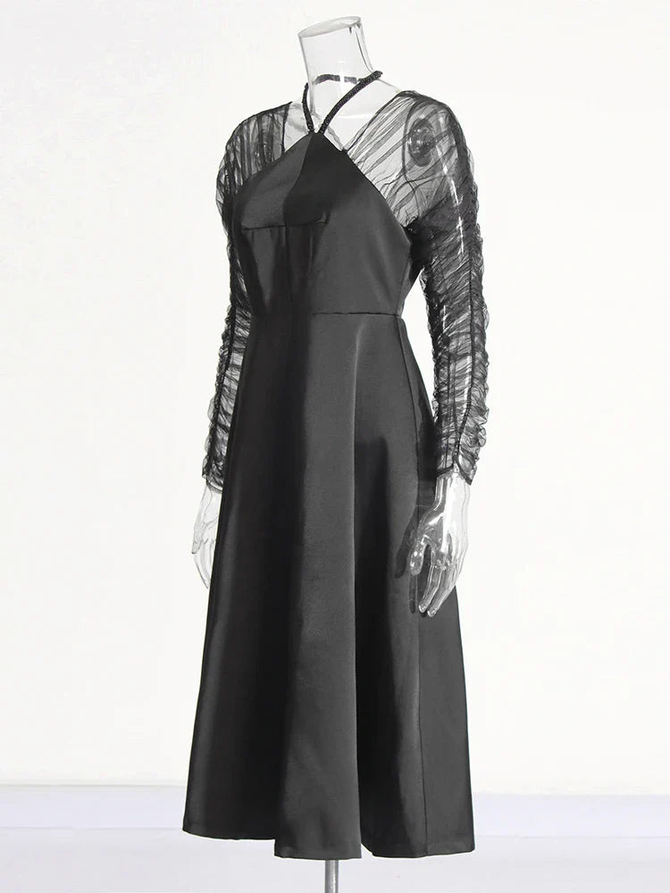 Black Halter Neck Mesh Dress | Long Sleeve A-Line Gown