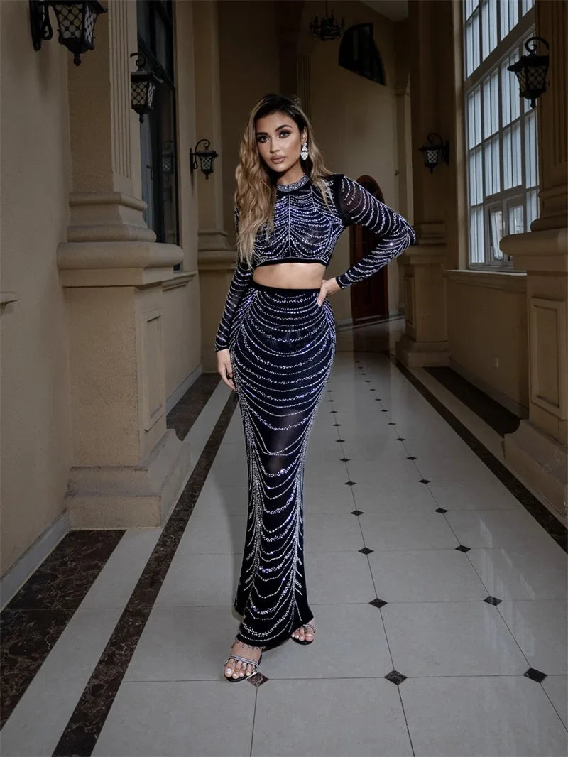 Black Sequin Crop Top & Maxi Skirt Set | Luxe Gala Party Look