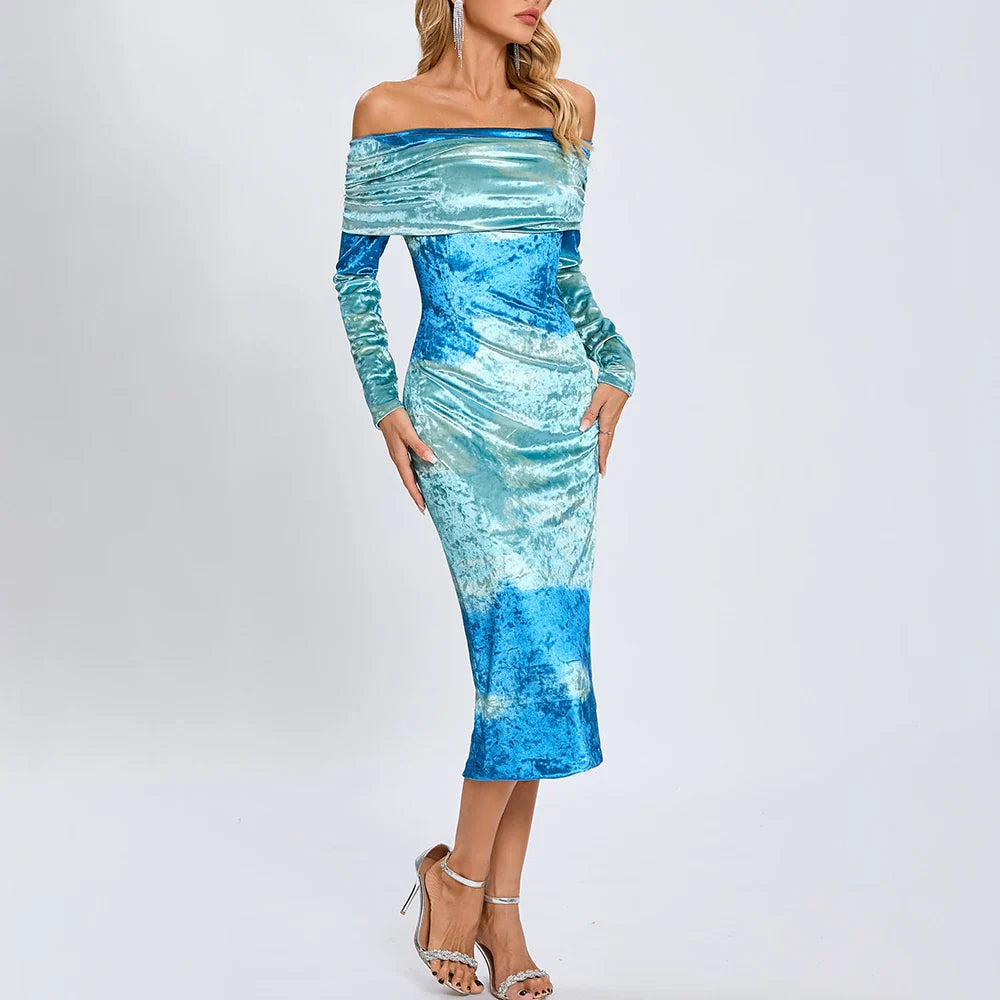 Blue Gradient Tie Dye Off Shoulder Midi Dress | Party Elegance