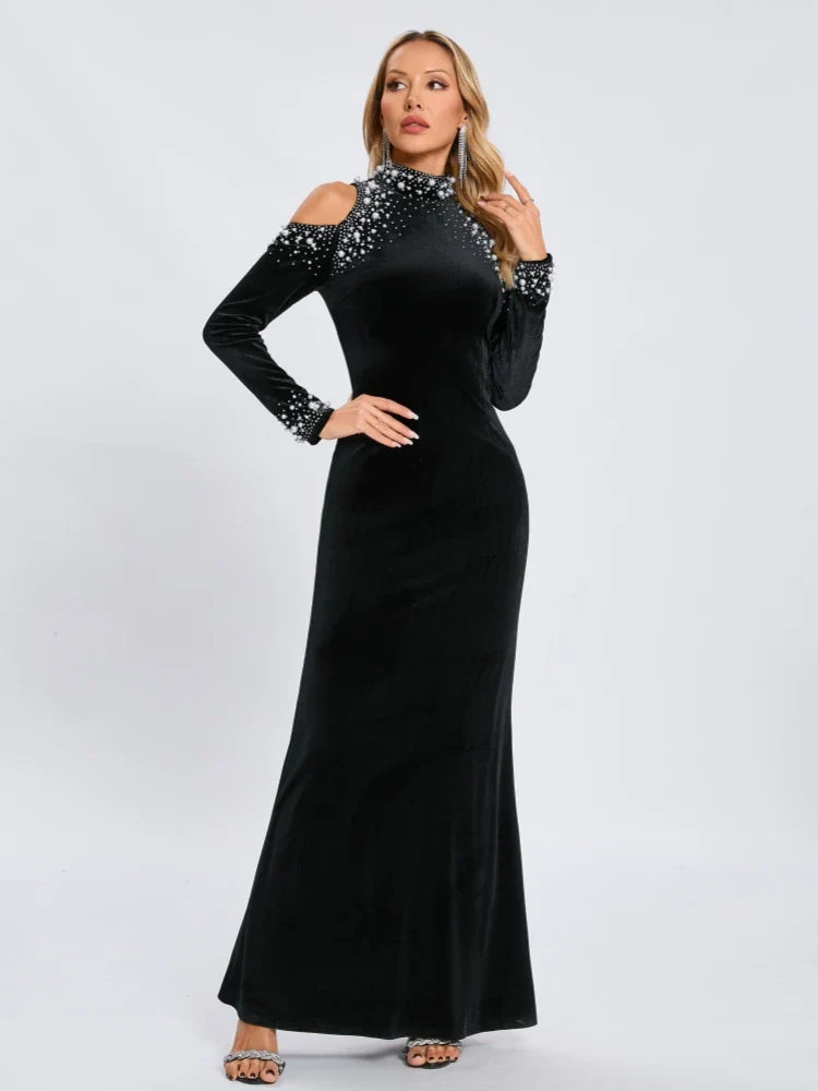 Black Velvet Beaded Pearl Dress | Off Shoulder Elegant Gown