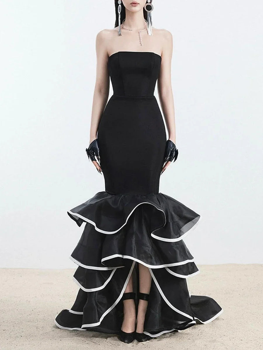 Black Ruffle Strapless Mermaid Gown | Floor-Length Statement Dress