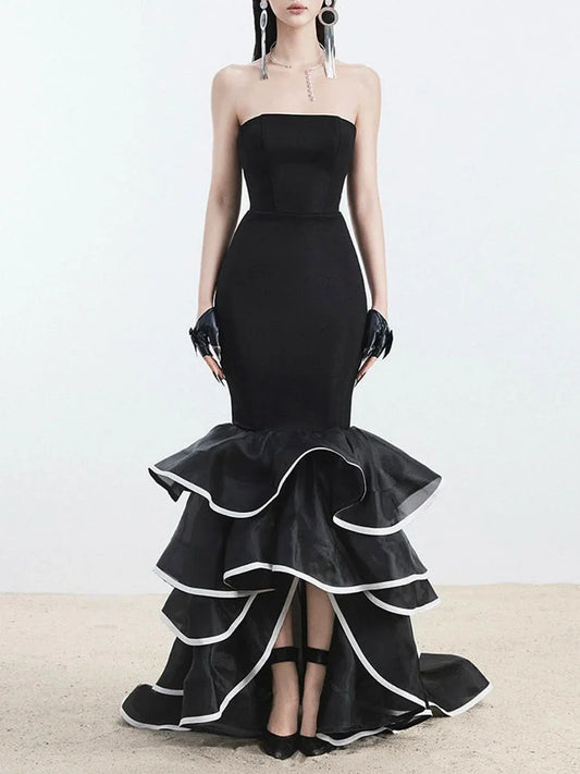 Black Ruffle Strapless Mermaid Gown | Floor-Length Statement Dress