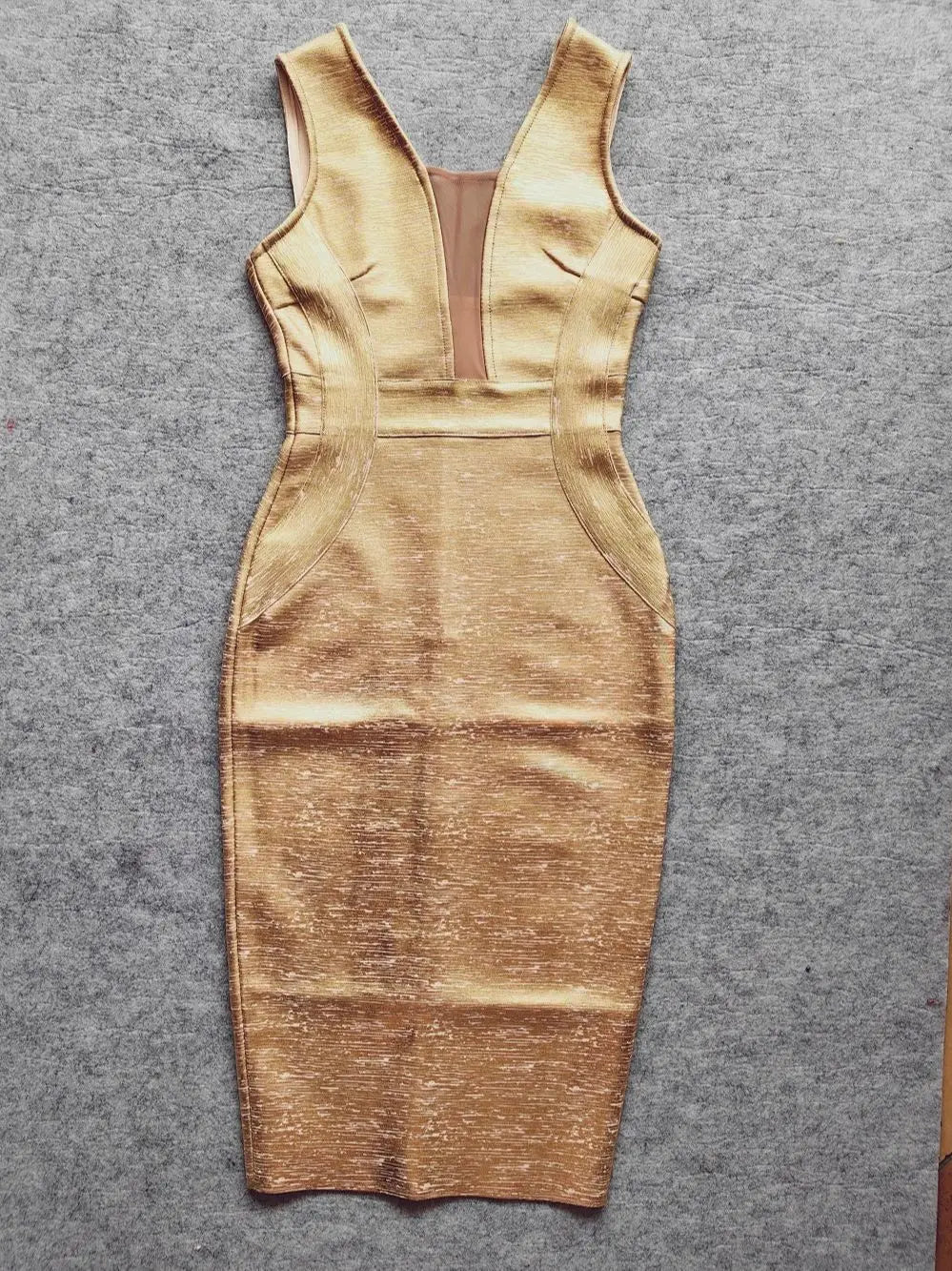 Gold Metallic Bandage Midi Dress | Plunge V Evening Silhouette