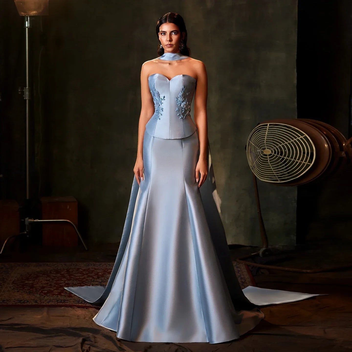 Satin Mermaid Evening Gown | 3D Floral Scarf Party Dress