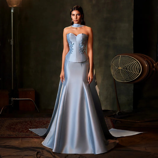 Satin Mermaid Evening Gown | 3D Floral Scarf Party Dress