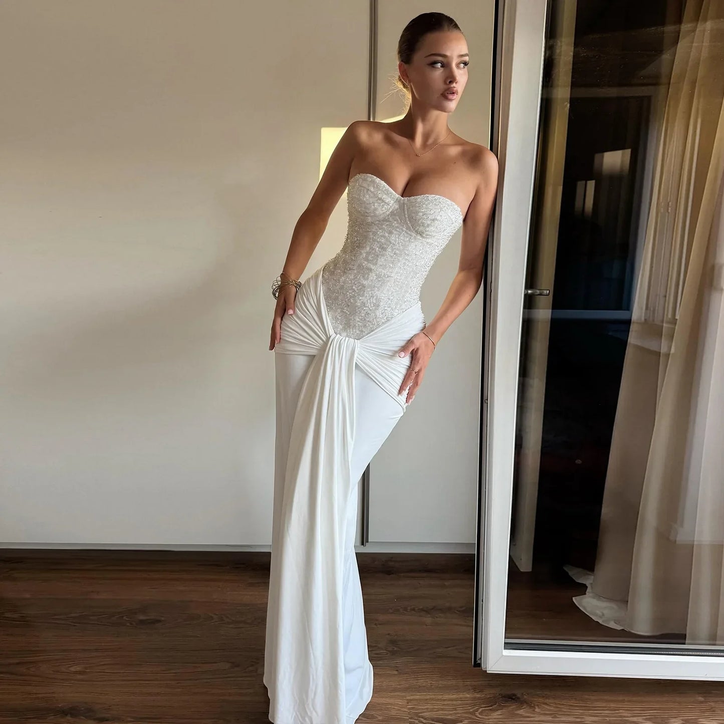 White Strapless Sequin Gown | Elegant Mesh Maxi Dress