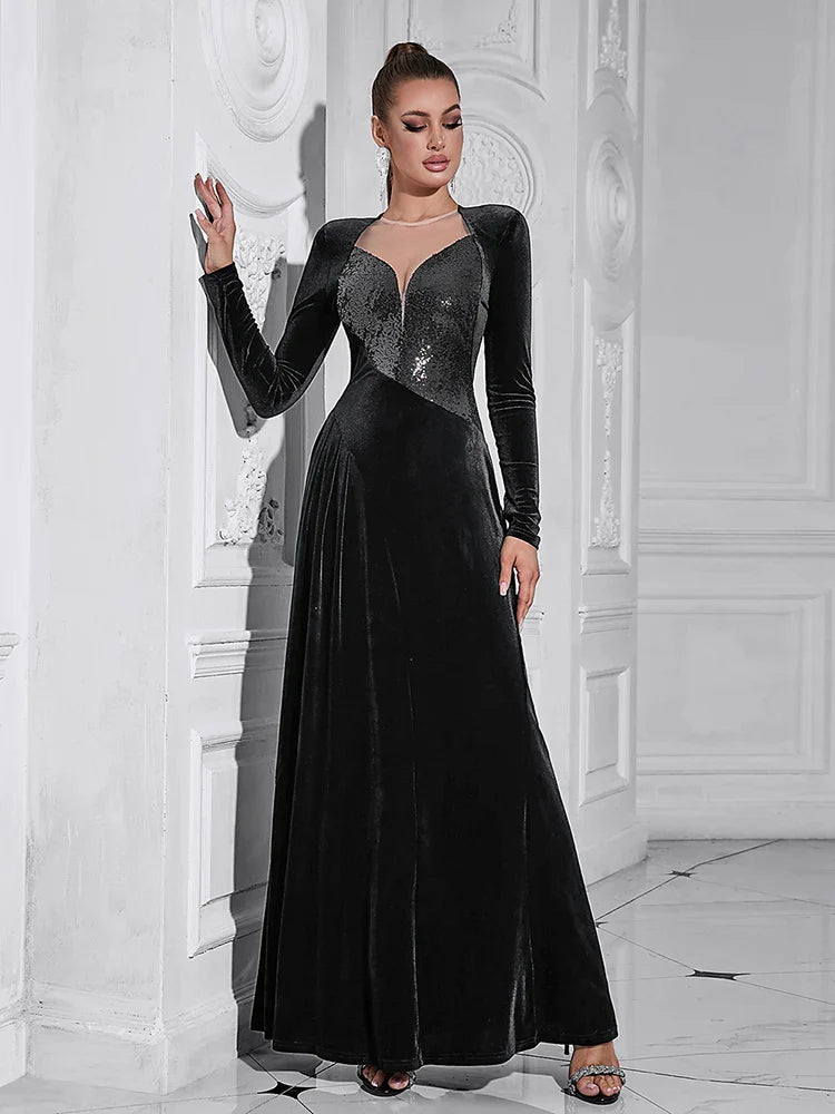 Black Velvet Sequin Mesh Dress | O Neck Long Sleeve Gown
