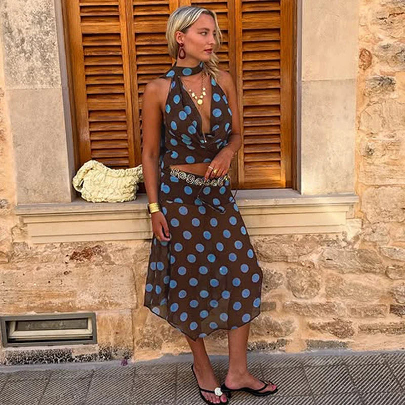 2-Piece Polka Dot Skirt Set | V-Neck Tank & Mesh Skirt