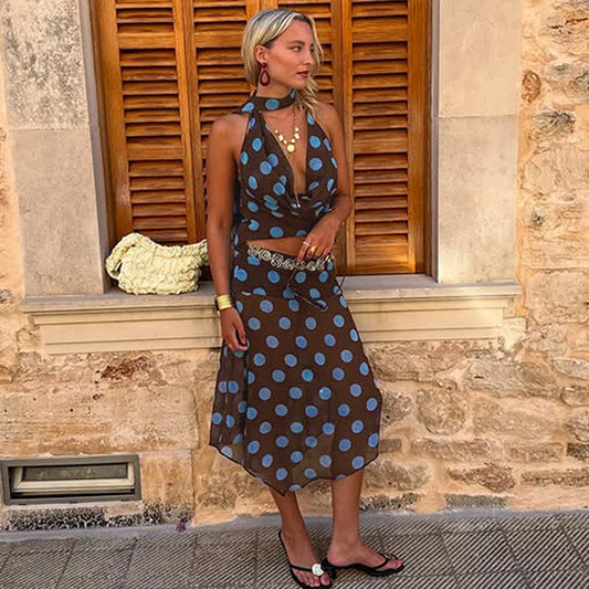 2-Piece Polka Dot Skirt Set | V-Neck Tank & Mesh Skirt