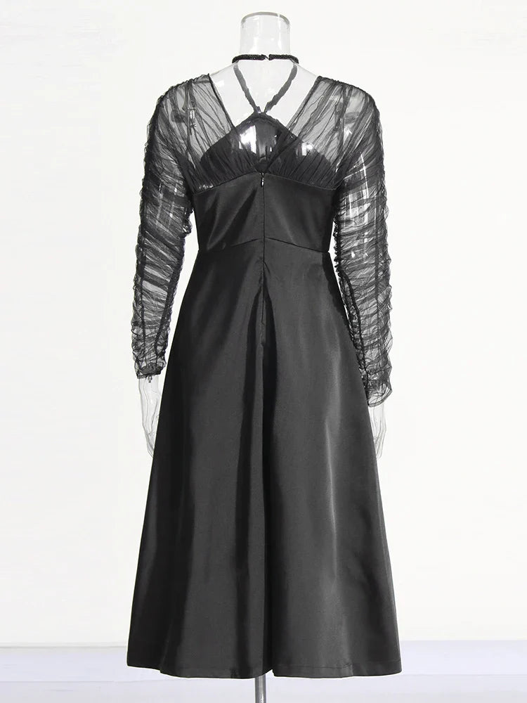 Black Halter Neck Mesh Dress | Long Sleeve A-Line Gown
