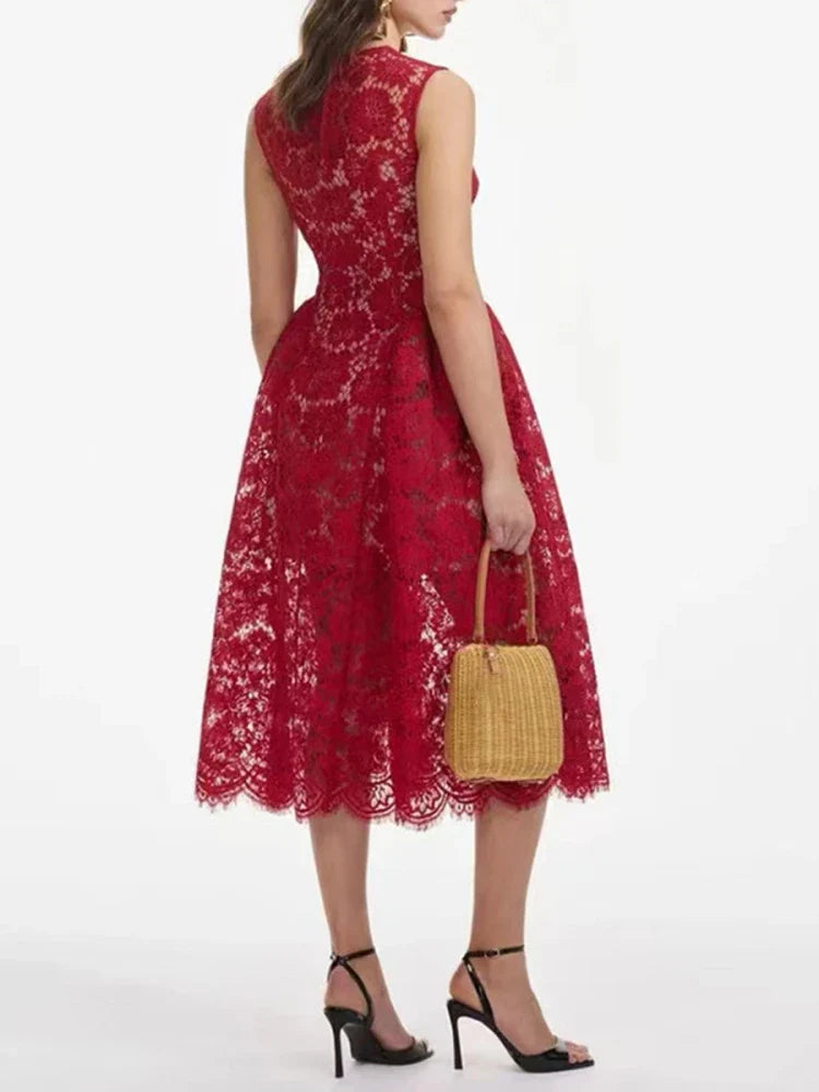 Red Floral Lace Midi Dress | O-Neck Sleeveless A-Line Gown