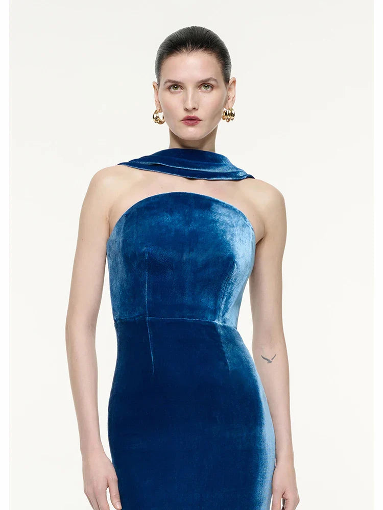Blue Velvet Strapless Pleated Dress | Backless Bodycon Gown
