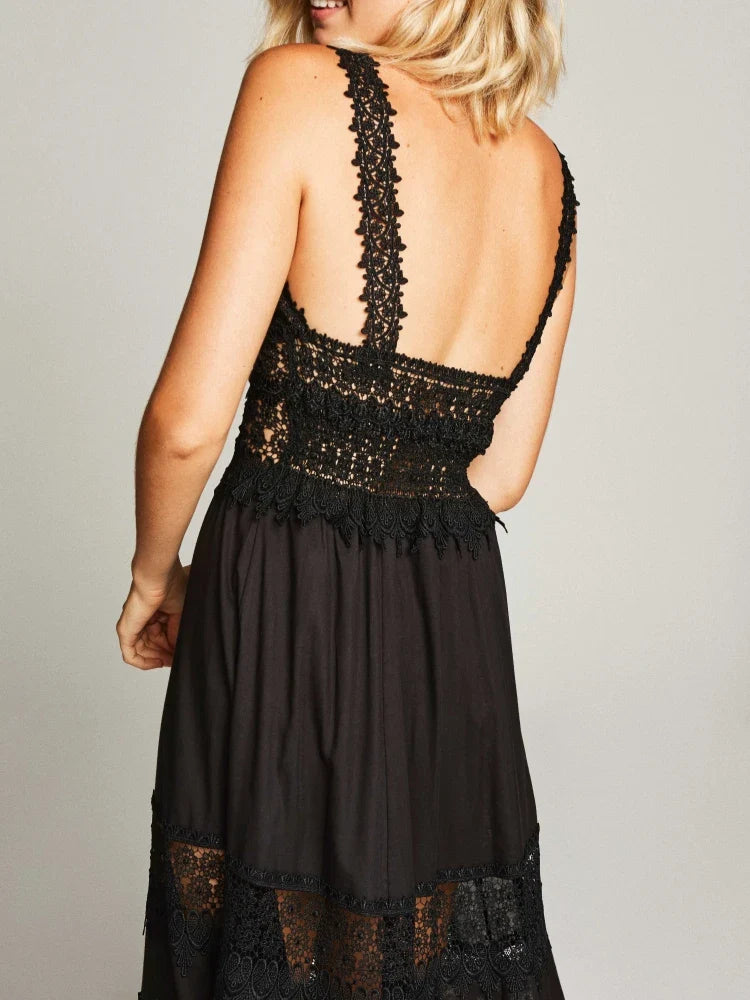 Black White Lace Patchwork Dress | V Neck Sling A-Line Gown