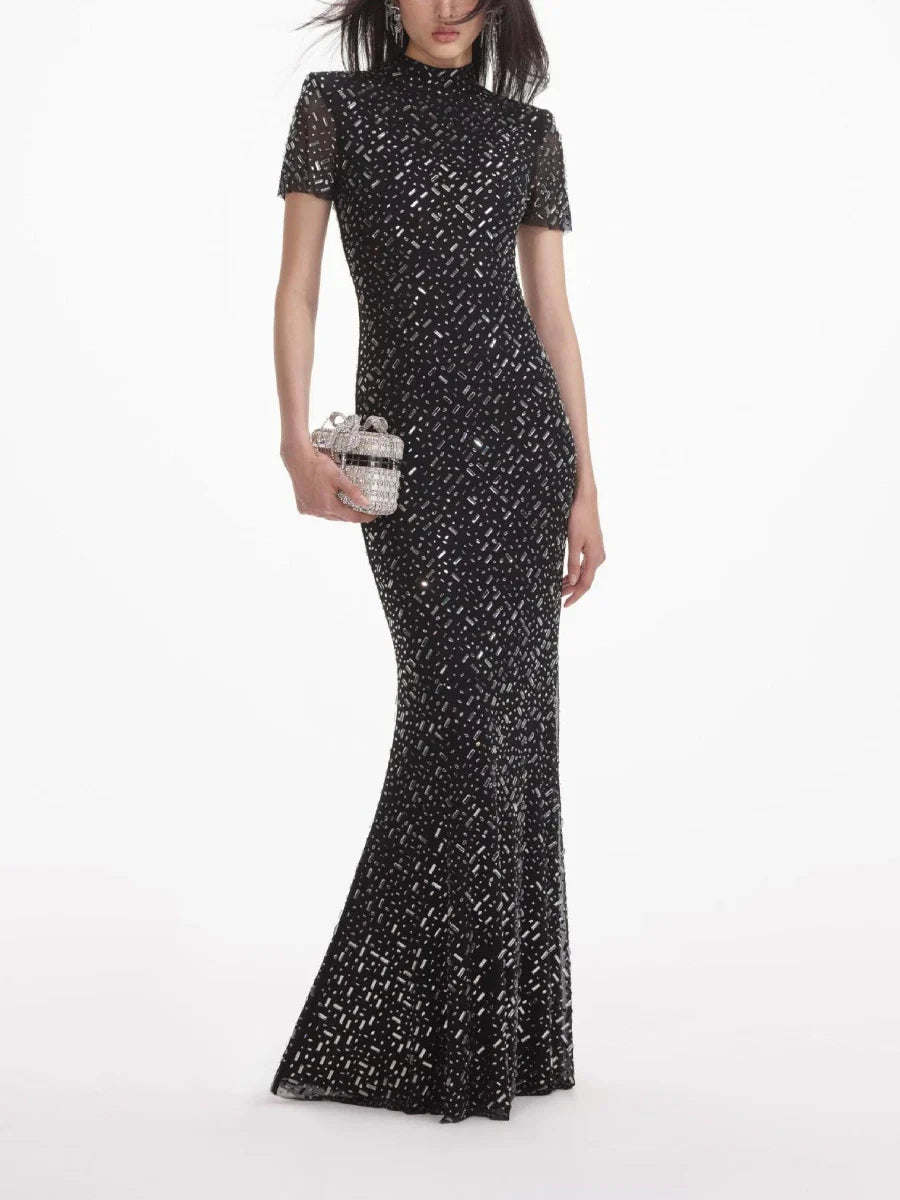 Black Beaded Sheath Dress | Elegant Short Sleeve Gown