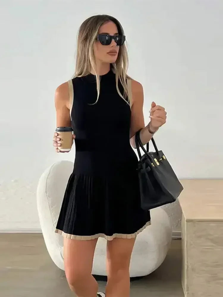 Mini Black Knitted Dress – Sleeveless Stand Collar Party Edit