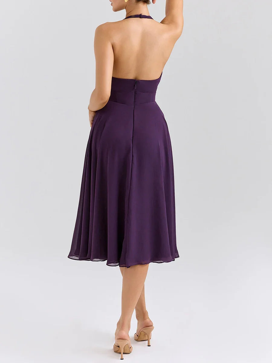Purple Halter Neck Midi Dress | A-Line Backless Summer Classic