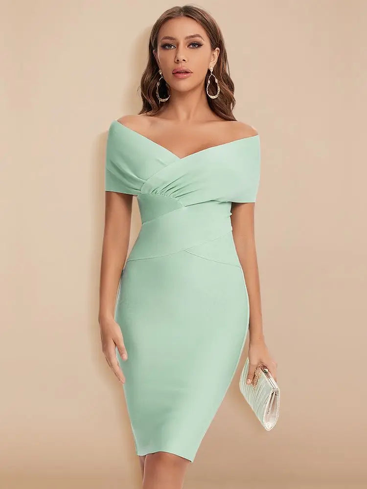 Mint Off Shoulder Bandage Dress | Sculpted Bardot Cocktail Mid