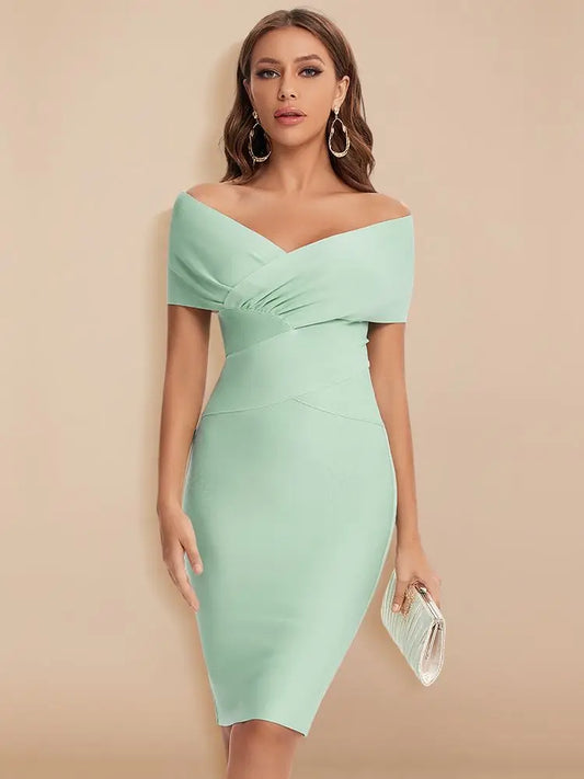 Mint Off Shoulder Bandage Dress | Sculpted Bardot Cocktail Mid