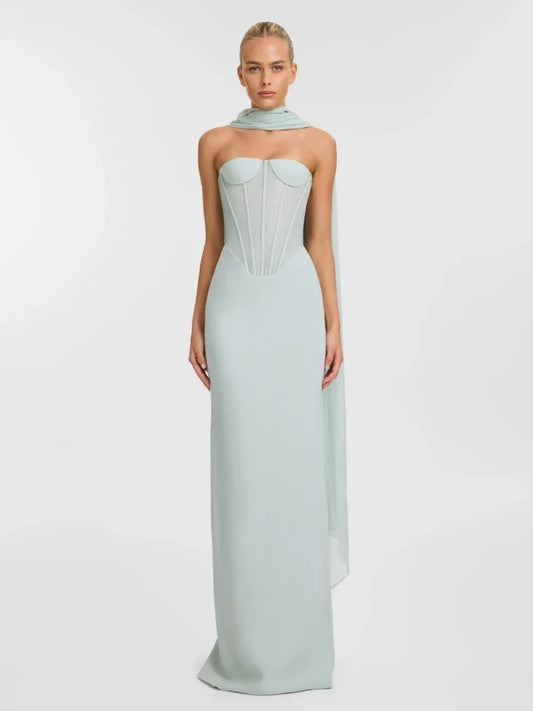 Mint Strapless Corset Mesh Patchwork Gown with Scarf | Elegant Sleeveless Evening Dress