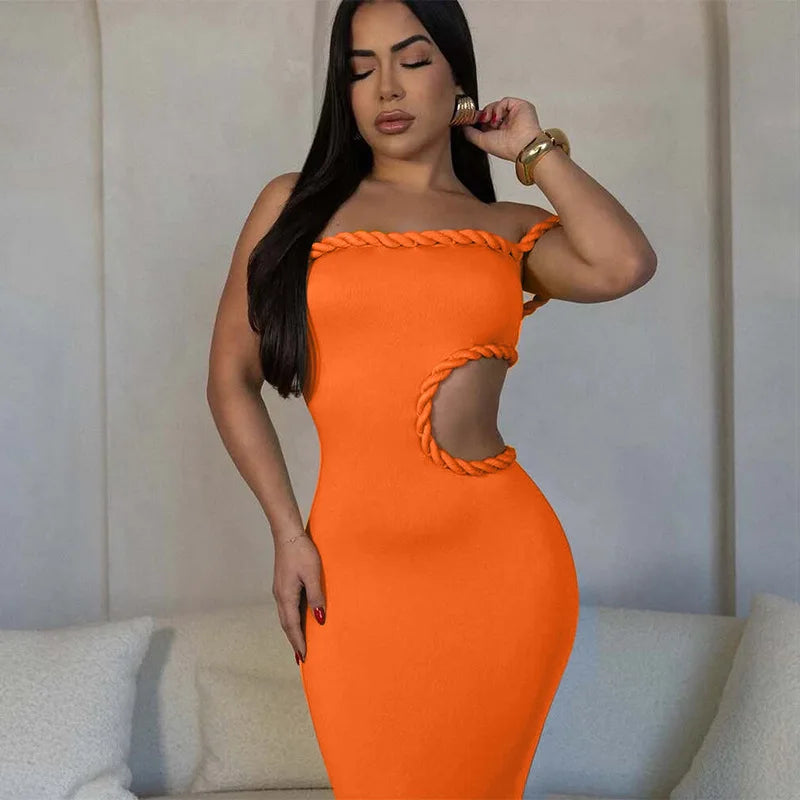 Off-Shoulder Orange Maxi Dress | Sleek Cut-Out Evening Look