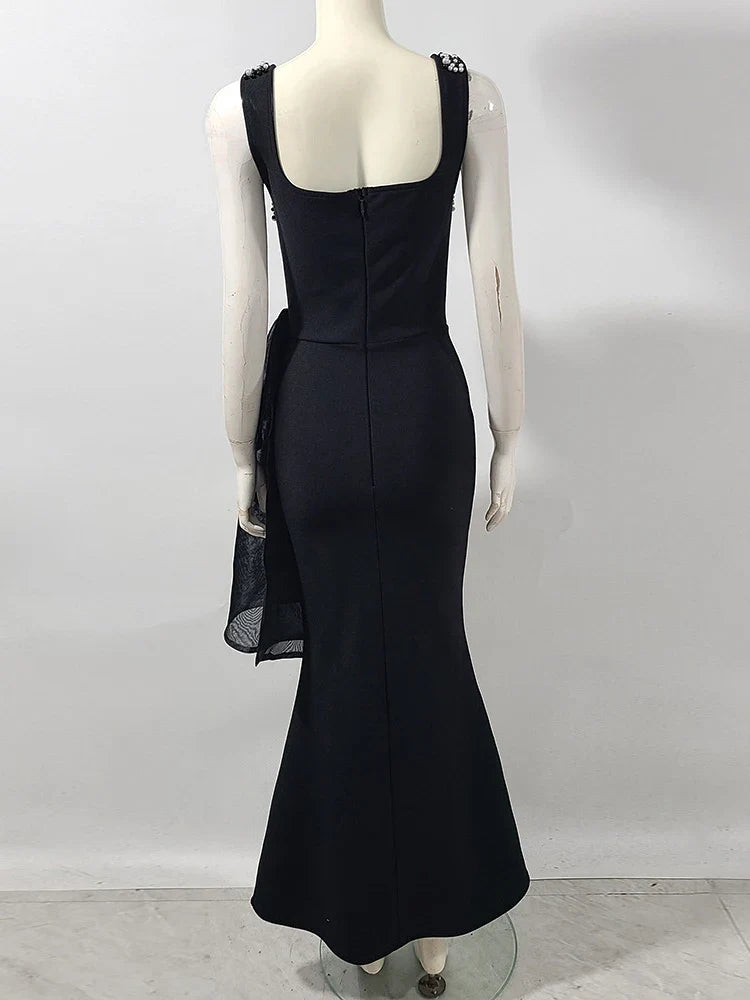 Black Embroidered Bow Gown | Modern Spaghetti Strap Evening