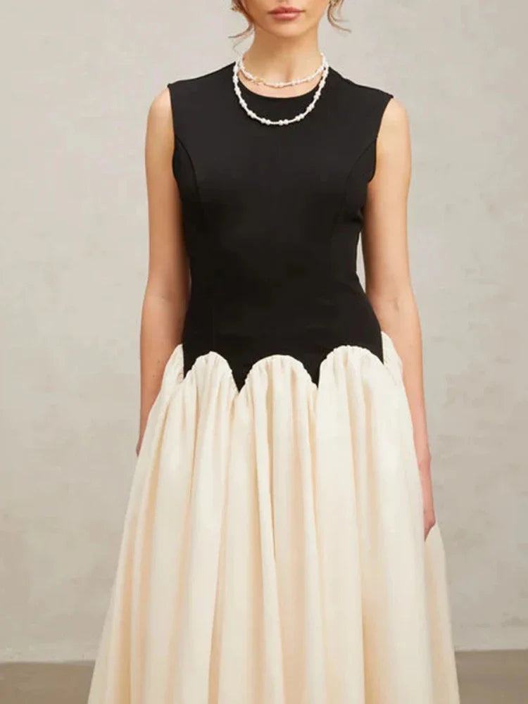 Black Beige Color Block Patchwork Dress | O Neck A-Line Gown