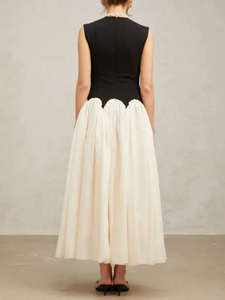 Black Beige Color Block Patchwork Dress | O Neck A-Line Gown