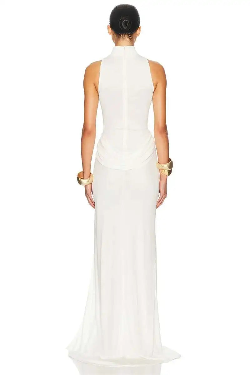 White High Slit Turtleneck Gown | Modern Sleek Evening Dress