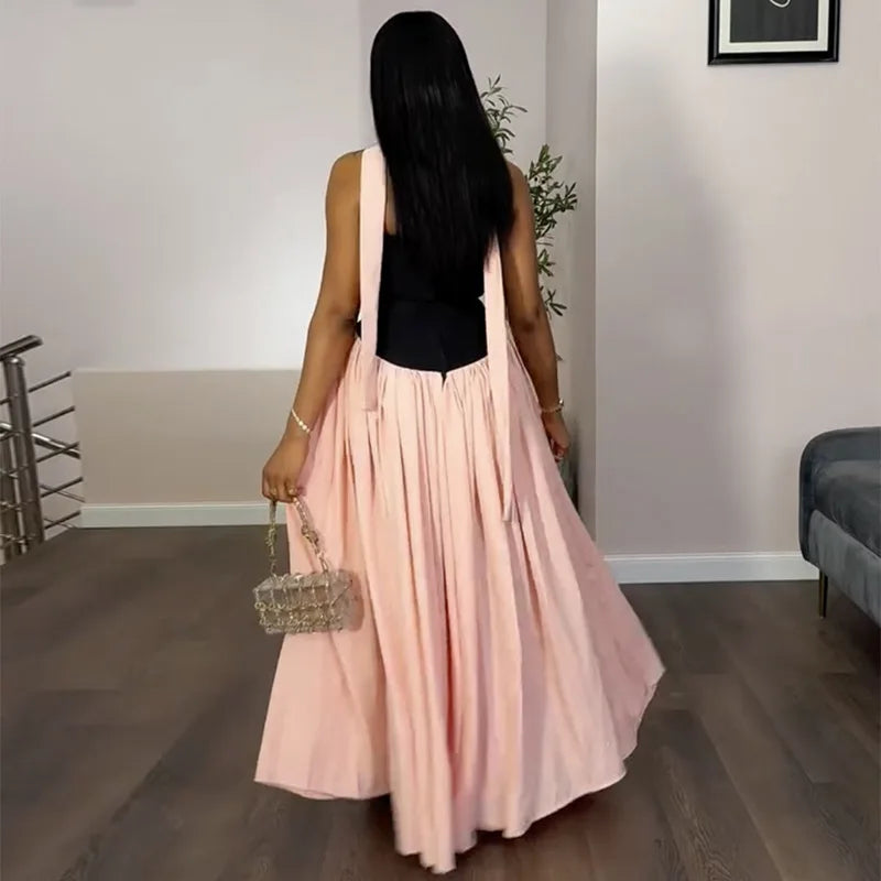 Black & Pink Patchwork Ball Gown | Halter Empire Maxi Dress