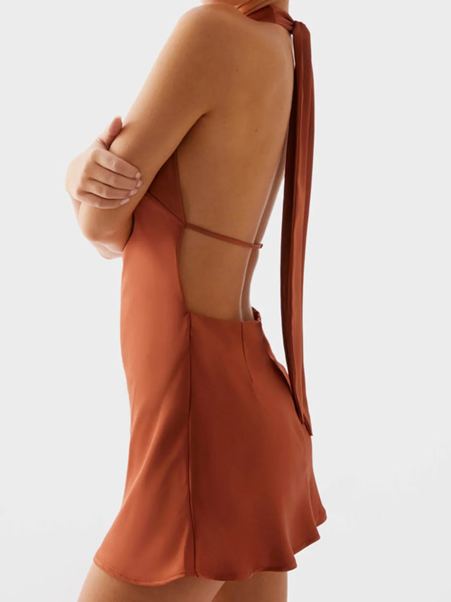 Rust Brown Halter Neck Mini Dress | Backless A-Line Summer