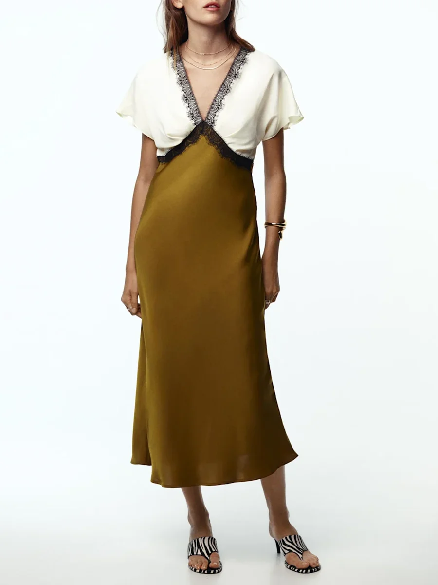 Mustard Lace-Trim Midi Dress | Vintage V-Neck Patchwork Chic