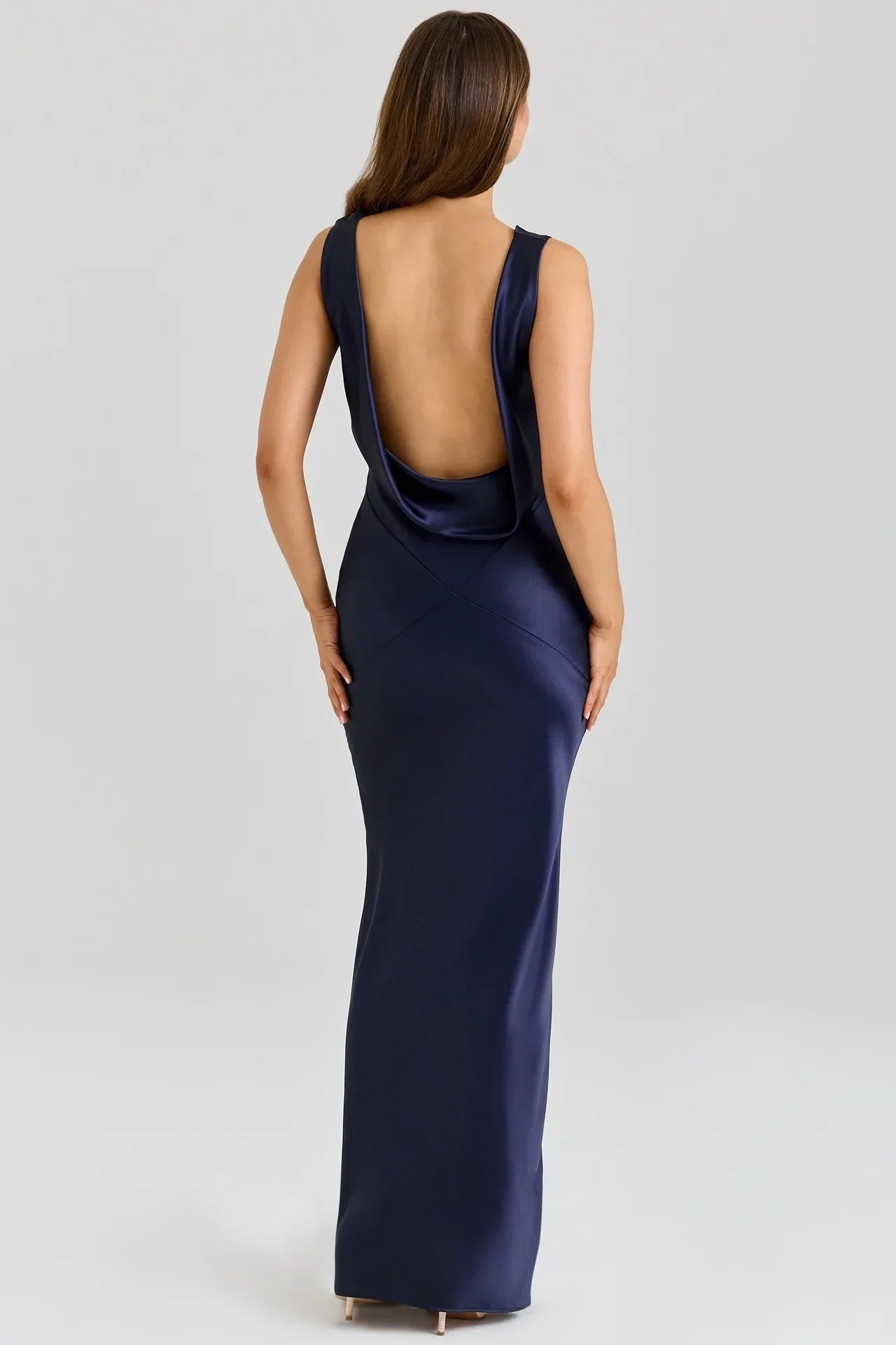 Navy Blue Cowl Neck Gown | Backless Sheath Evening Dress