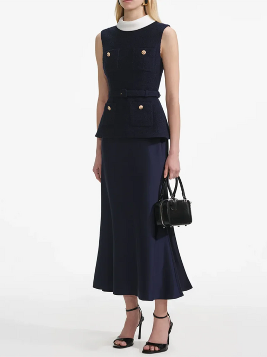 Navy Buttoned Skirt Set | Sleeveless Two-Piece Office Look