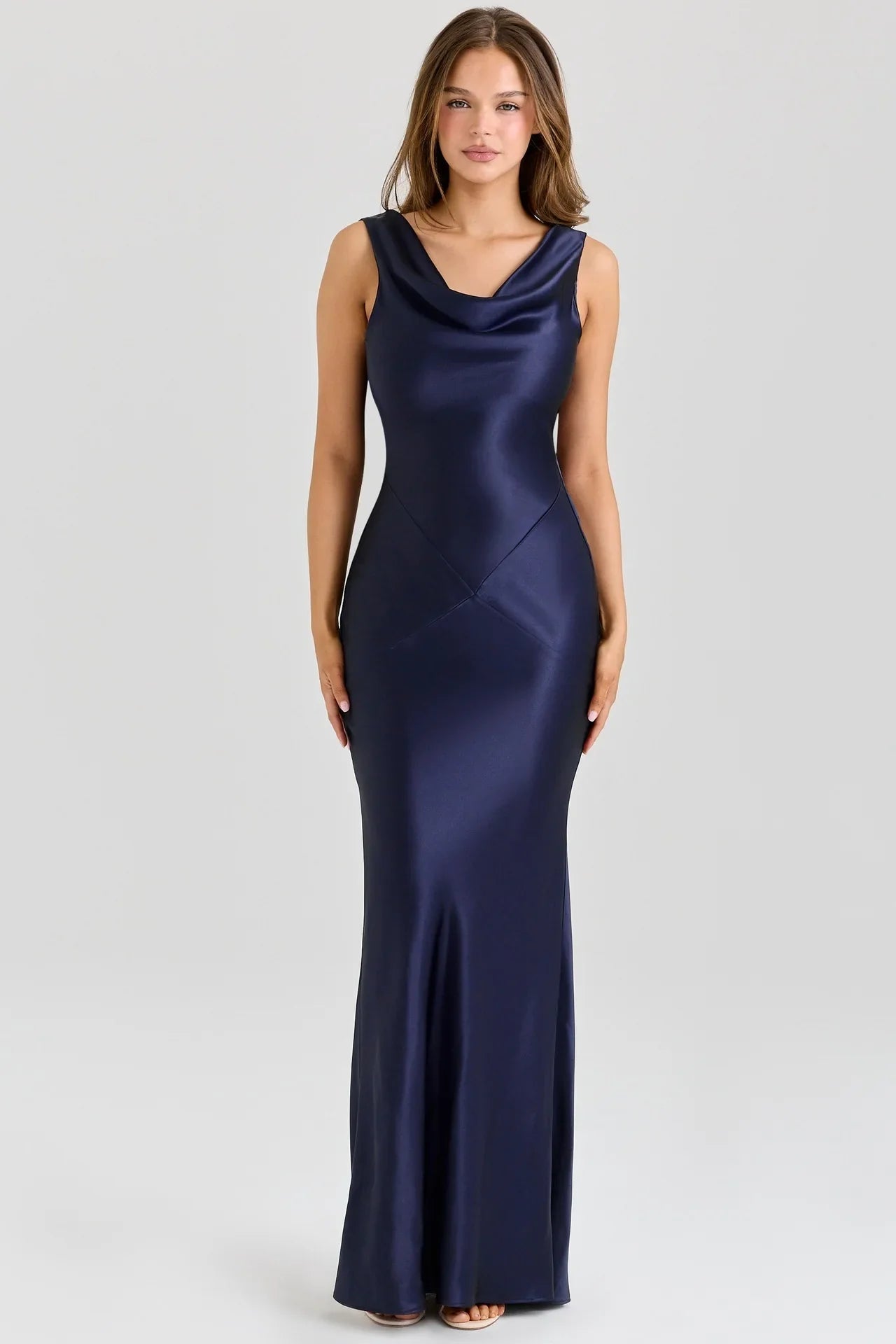 Navy Blue Cowl Neck Gown | Backless Sheath Evening Dress