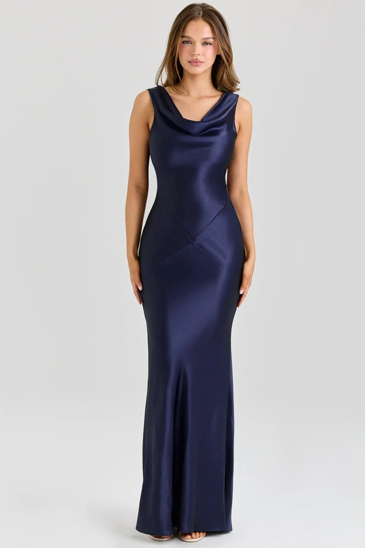 Navy Blue Cowl Neck Gown | Backless Sheath Evening Dress