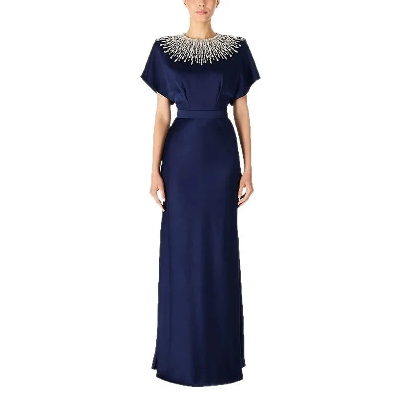 Navy Embroidered Neck Evening Gown | Regal A-Line Formal Dress