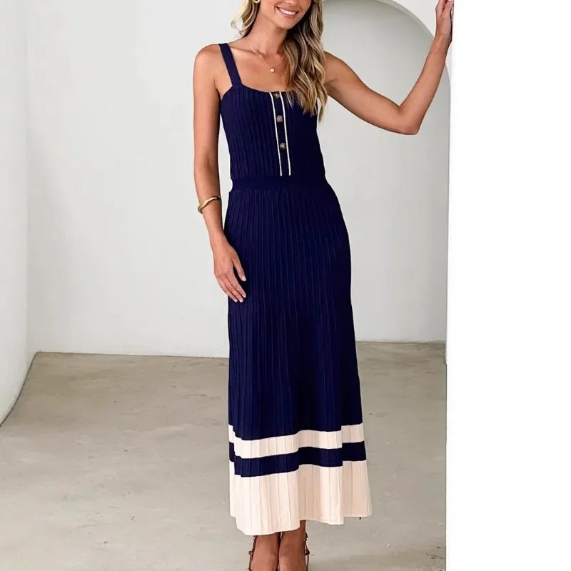 Navy Contrast Patchwork Knitted Pleated Dress | Sleeveless Metal Button