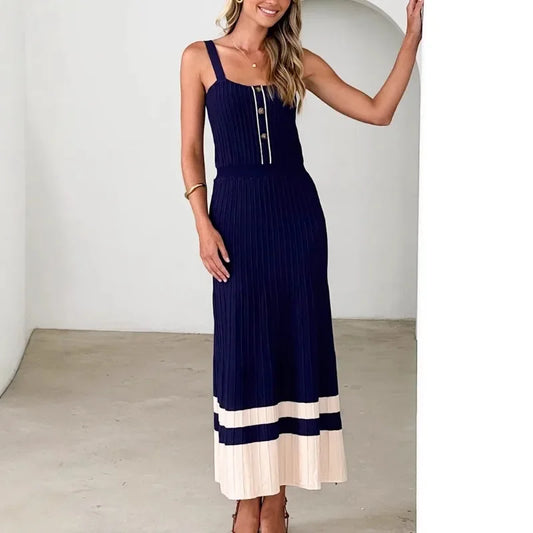 Navy Contrast Patchwork Knitted Pleated Dress | Sleeveless Metal Button