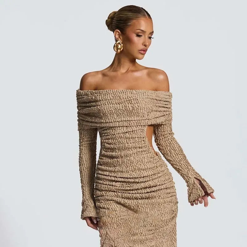 Beige Off-Shoulder Pleated Long Dress | Cozy Autumn Edit