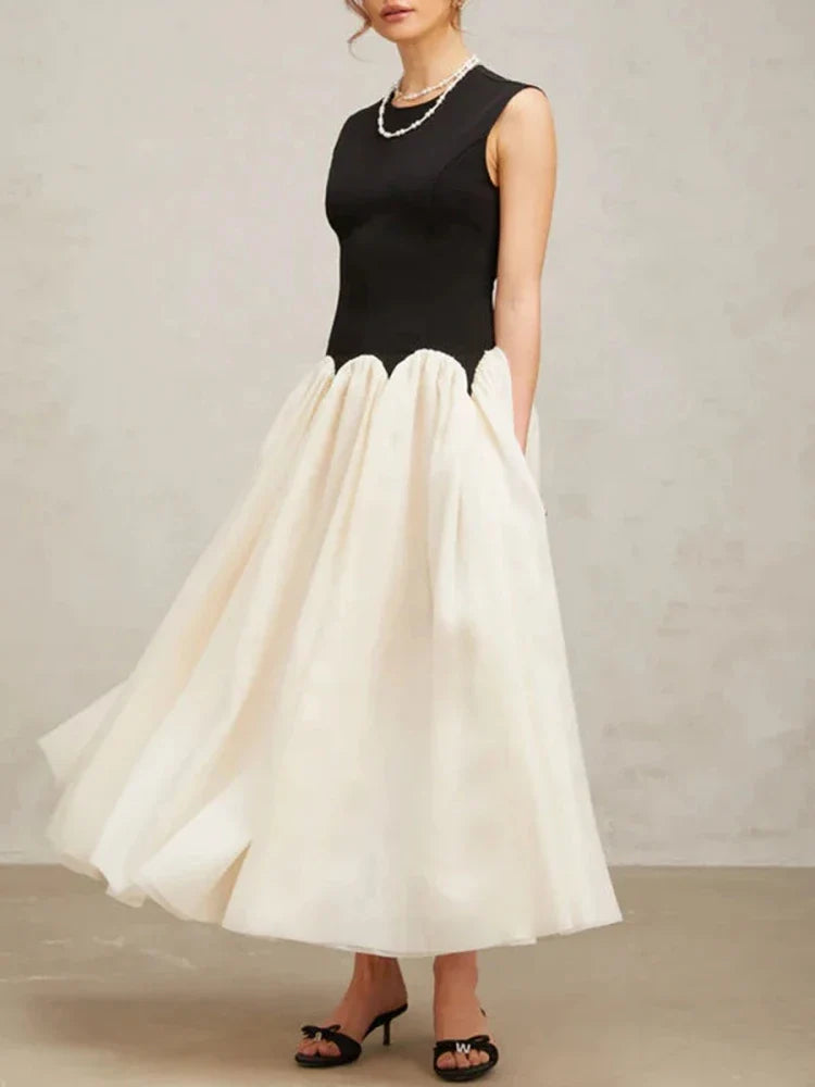 Black Beige Color Block Patchwork Dress | O Neck A-Line Gown