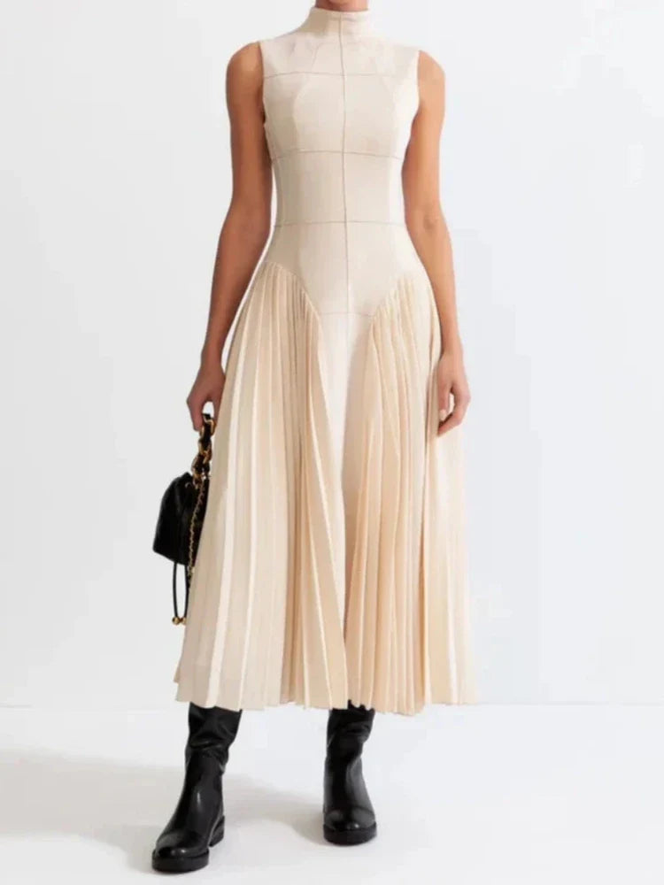 Apricot Patchwork Pleated Dress | O Neck Sleeveless A-Line Gown