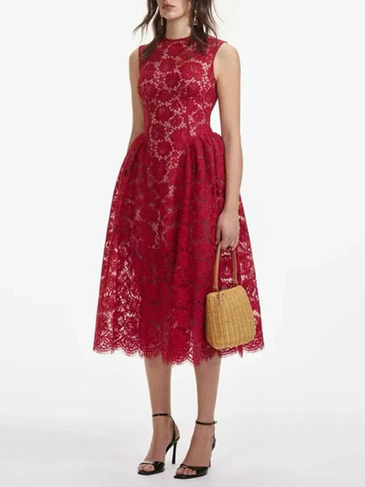 Red Floral Lace Midi Dress | O-Neck Sleeveless A-Line Gown