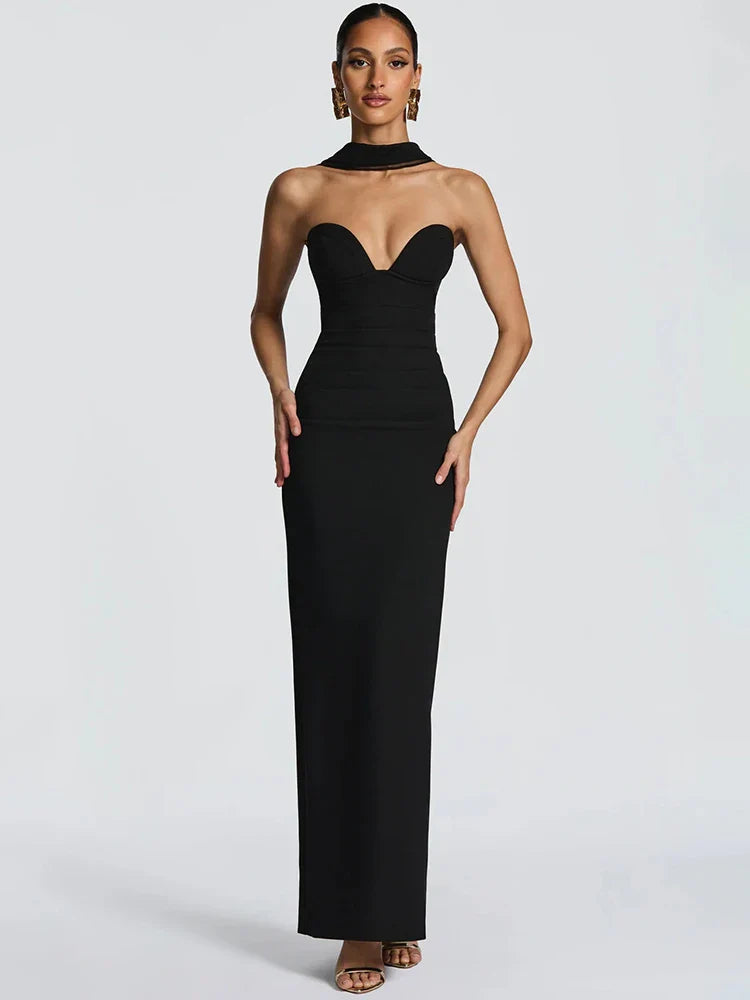 Black Strapless Off-Shoulder Maxi Gown – Elegant Backless Dress