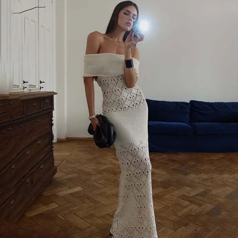 Off Shoulder Crochet Knit Maxi Dress | Summer Waist-Cinching Resort Style