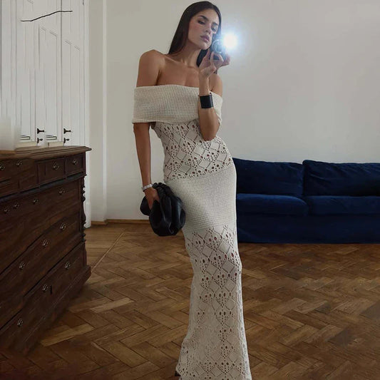 Off Shoulder Crochet Knit Maxi Dress | Summer Waist-Cinching Resort Style
