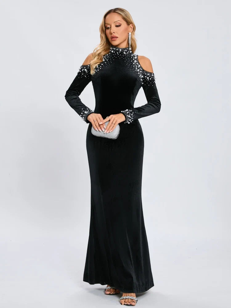Black Velvet Beaded Pearl Dress | Off Shoulder Elegant Gown