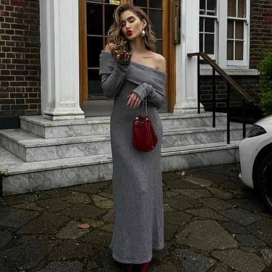 Off-shoulder grey knit maxi dress with slim silhouette
