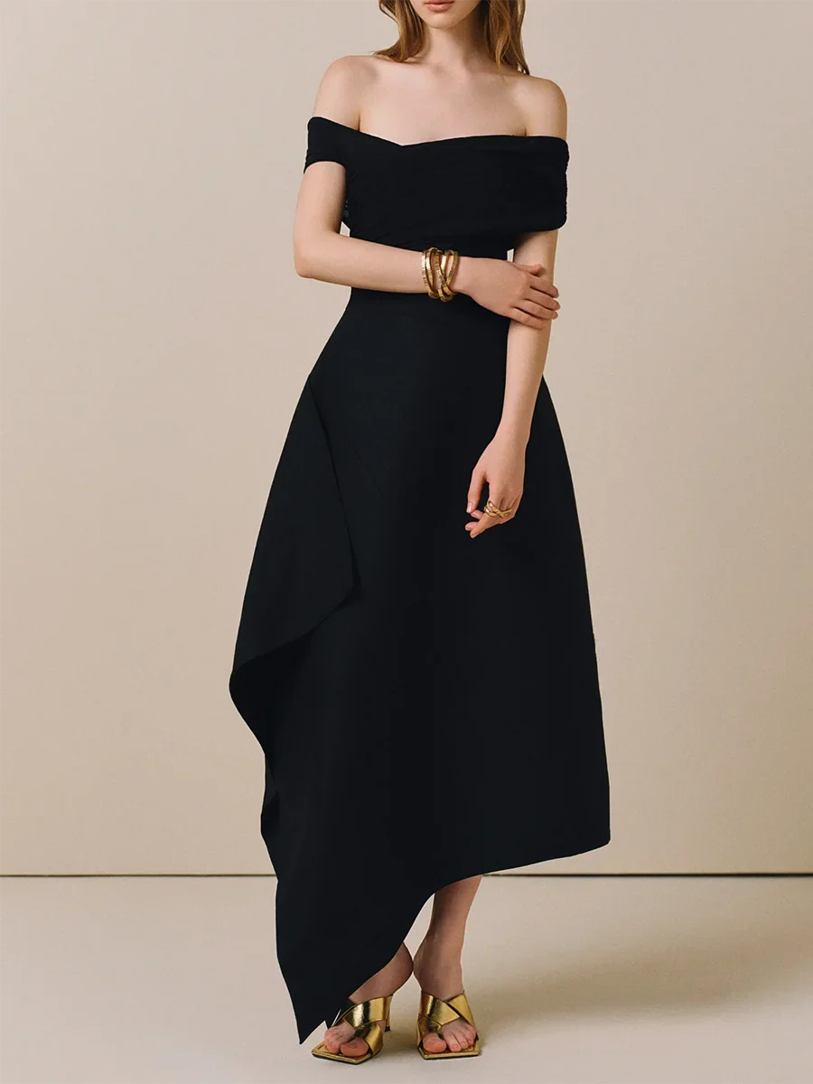 Black Slash Neck Midi Dress | Elegant Folded Off-Shoulder Style